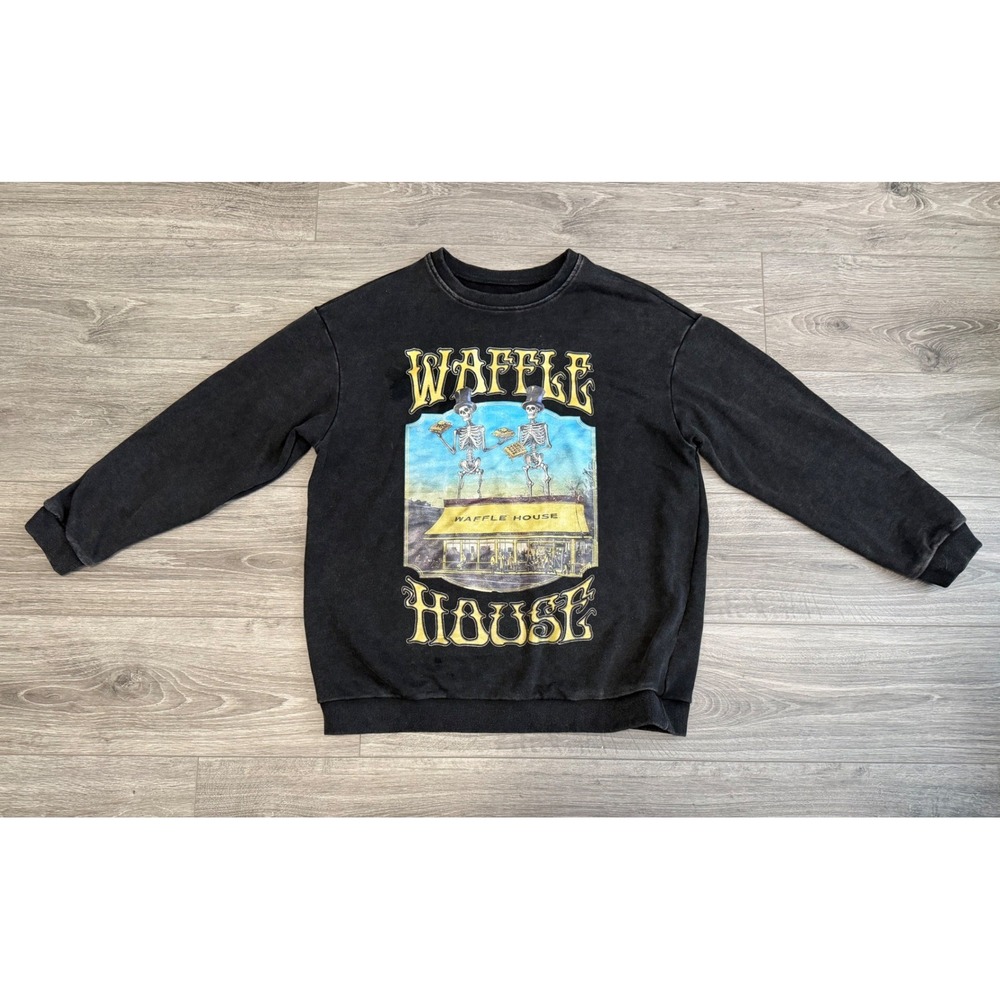 Waffle House Grateful Dead Style Skeleton Sweatshirt Black Graphic Large Goth